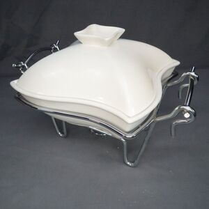 Sienna White Ceramic Lidded Casserole Dish, Chrome Warmer Stand